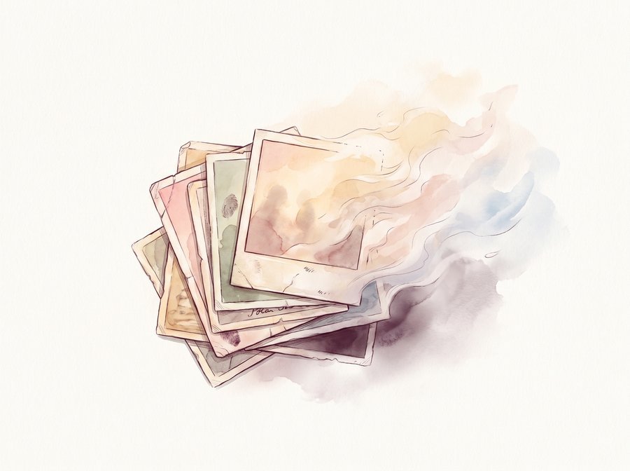 A fading stack of photographs dissolving into soft wisp-light.