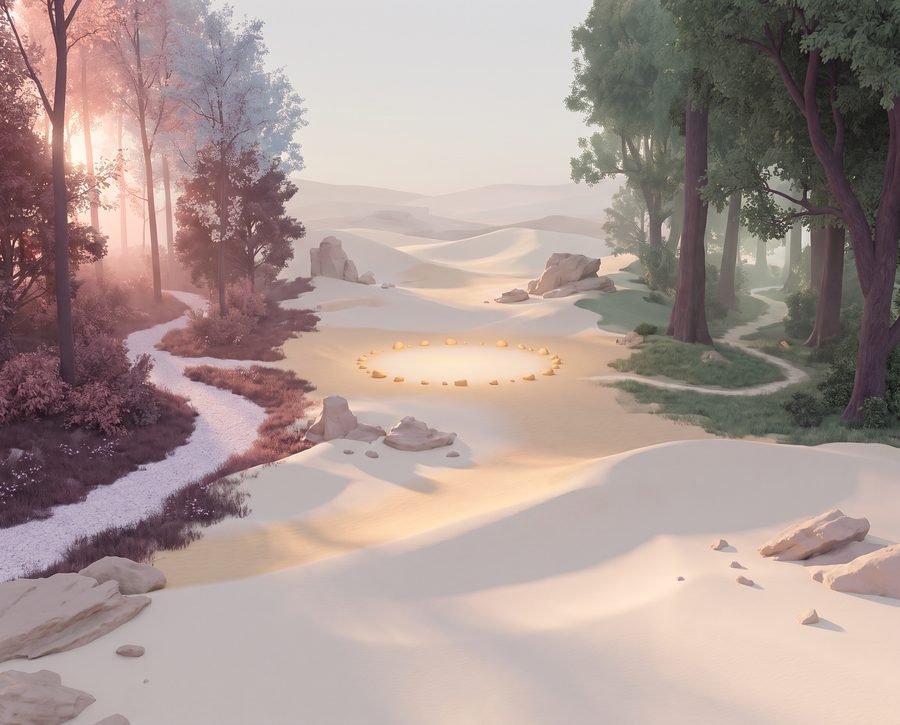 A path winding toward a chosen plot within a biome.