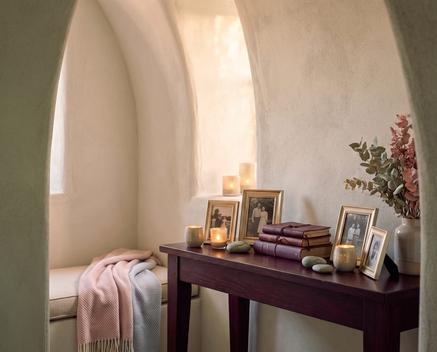 A private interior space arranged with photographs and keepsakes.